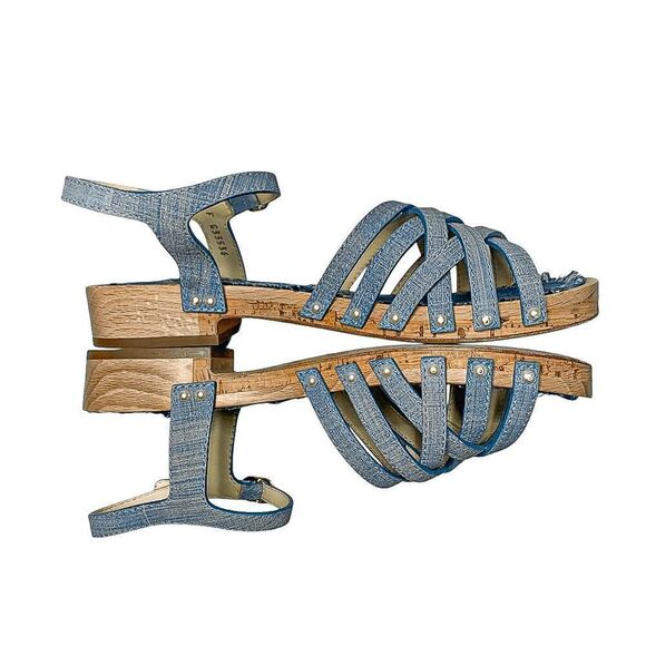 Chanel Fantasy Blue Calf Leather CC Logo Wooden Platform Sandals EU 38 US 7-7.5 - Picture 6 of 11